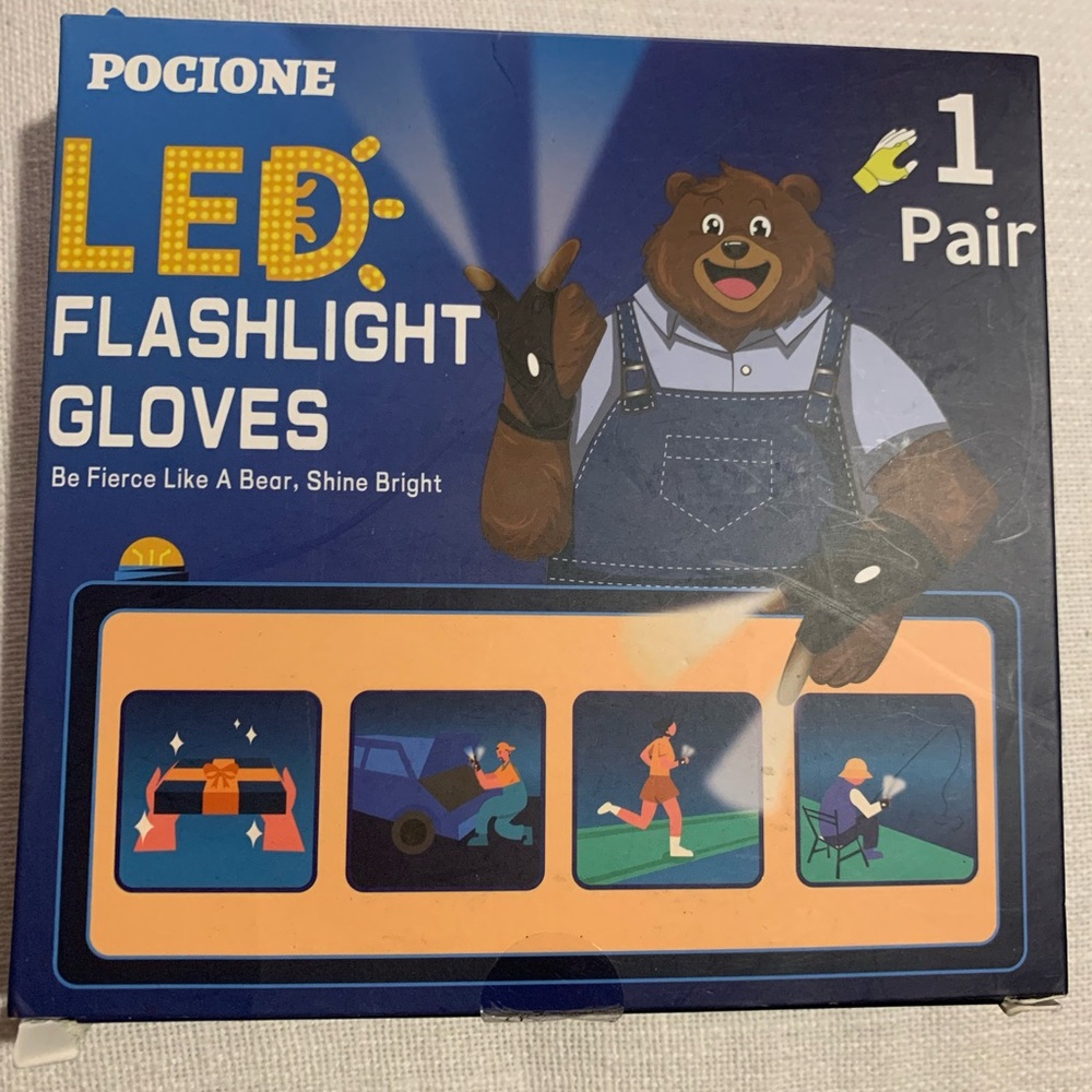 Pocione LED Flashlight Gloves. NIB 4 Extra Batteries included.